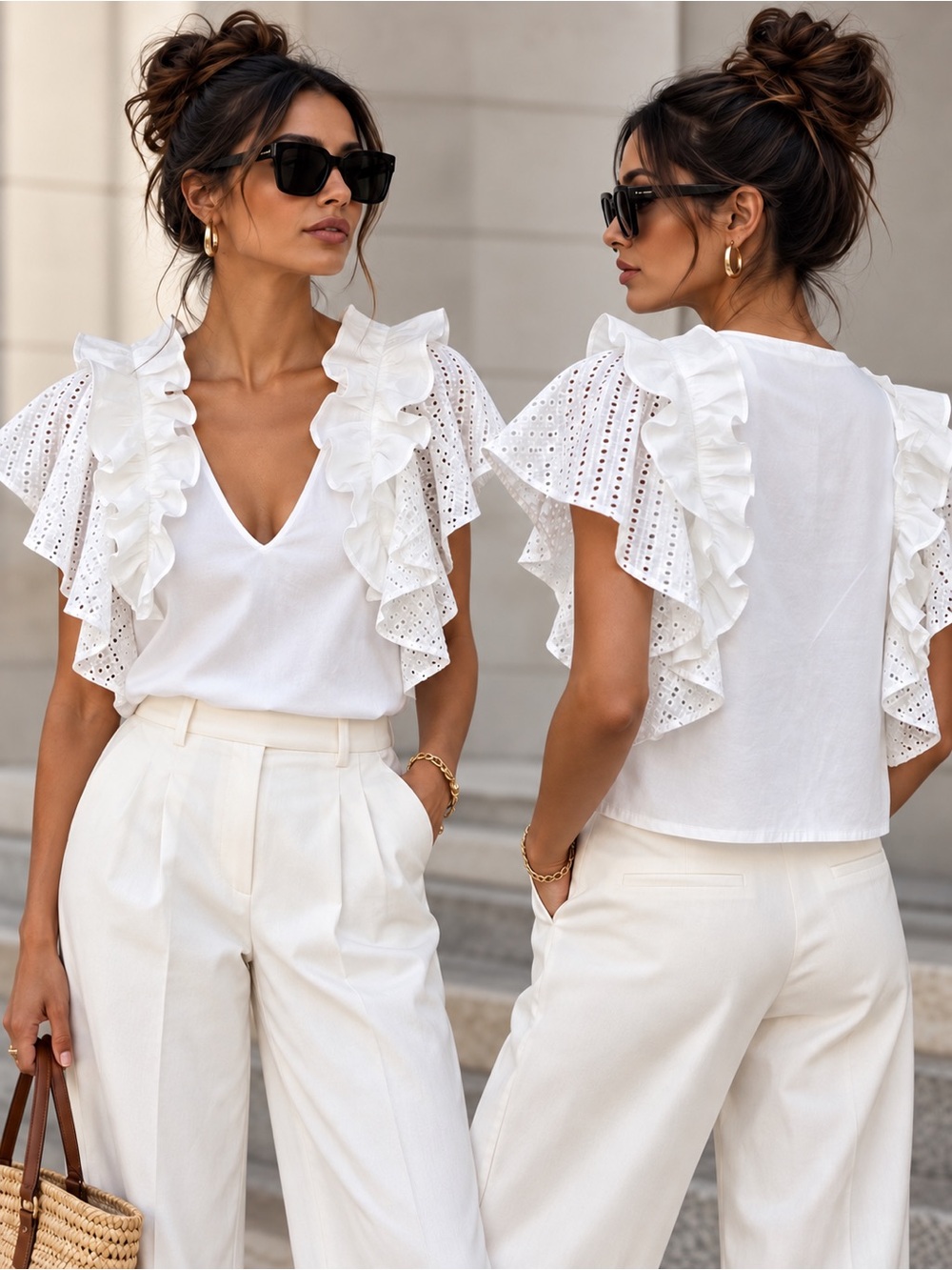 NWT Club Monaco White Cotton Eyelet Ruffle Blouse Top Size S